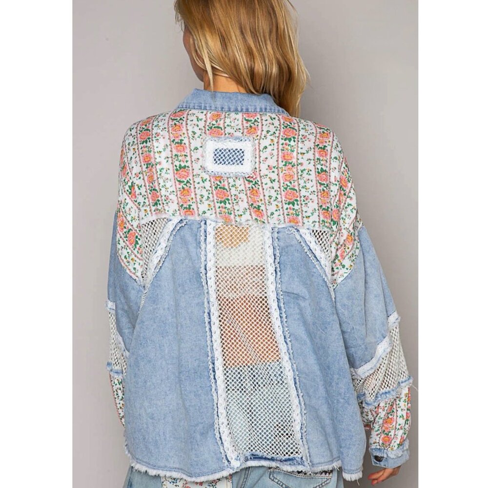 POL Patchwork Denim Jacket Shacket SZ L Blue Flor… - image 3